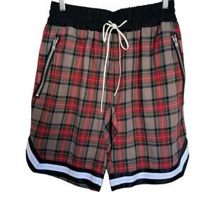 Crysp Denim Plaid Drawstring Basketball Shorts with Zipper Pockets Size Large